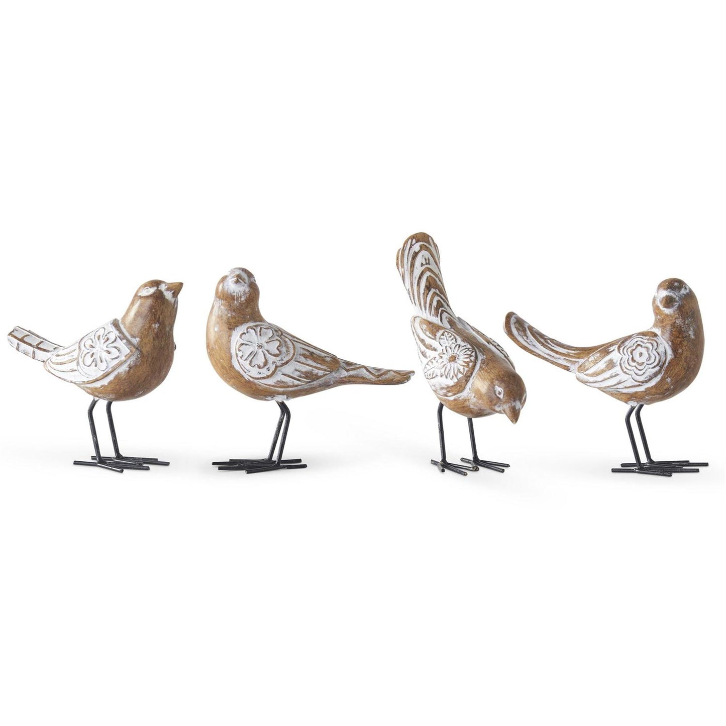 4 natural wood and whitewashed look resin carved birds in different positions