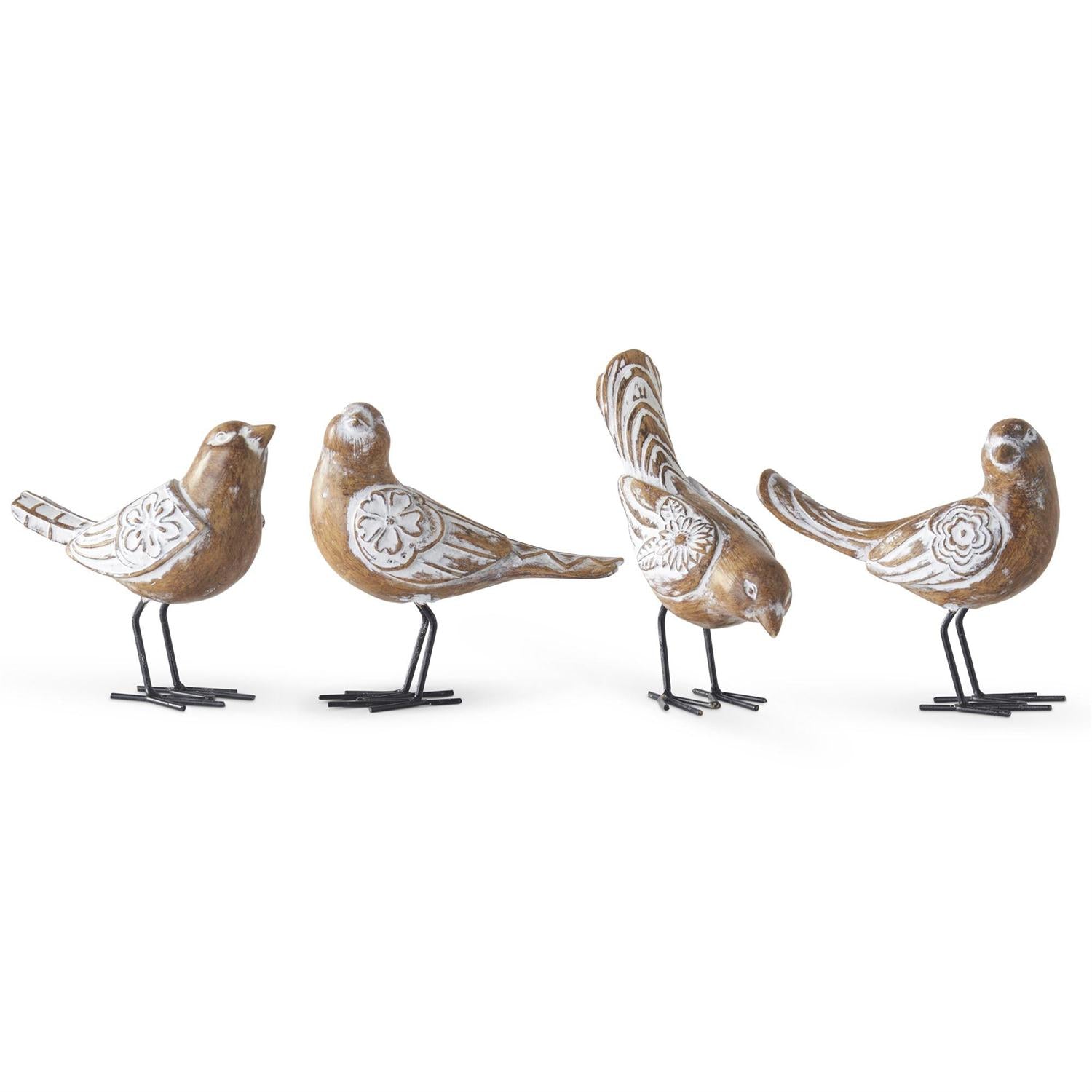4 natural wood and whitewashed look resin carved birds in different positions