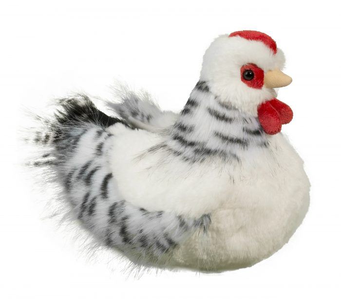 front view of Salty Black & White Hen Plush Toy