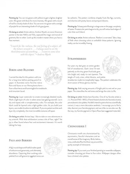 A printed page with multiple paragraphs of black text, several small illustrated panels showing painted flowers and fruit