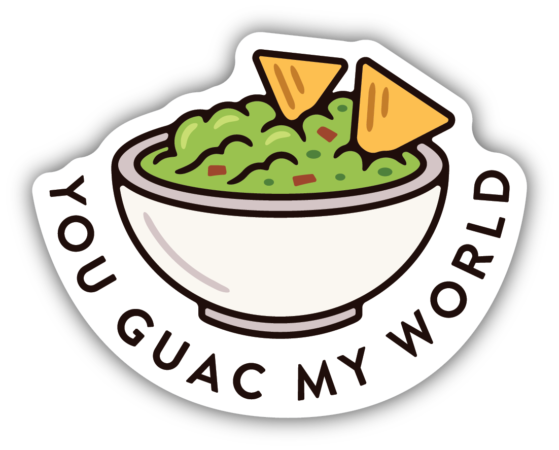 bowl of guacamole with two chips in it and text below the bowl saying "you guac my world"