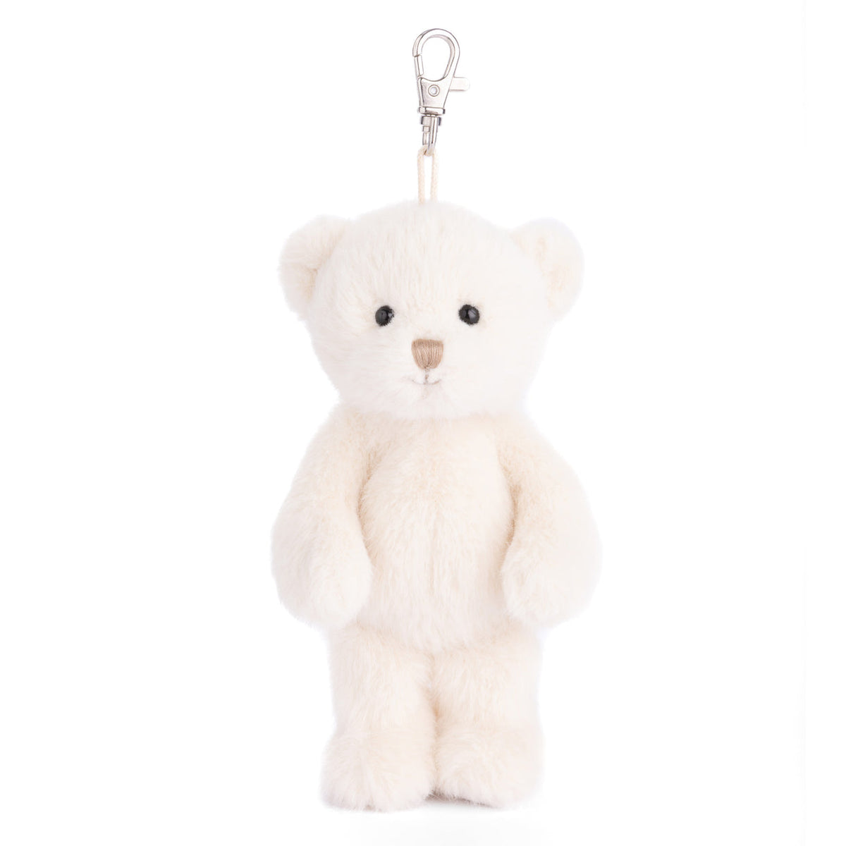 Small white teddy bear keychain on a white background