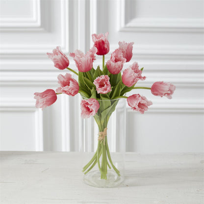 rose parrot tulips in a glass vase