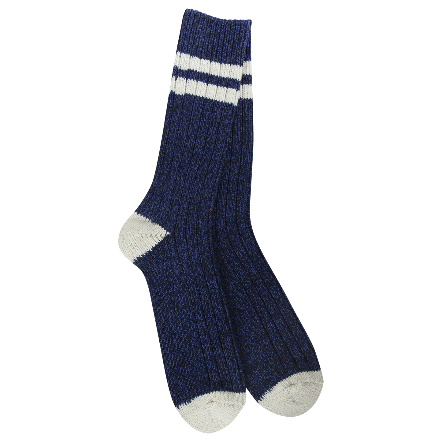 Pair of blue socks with white stripes, toe, and heel