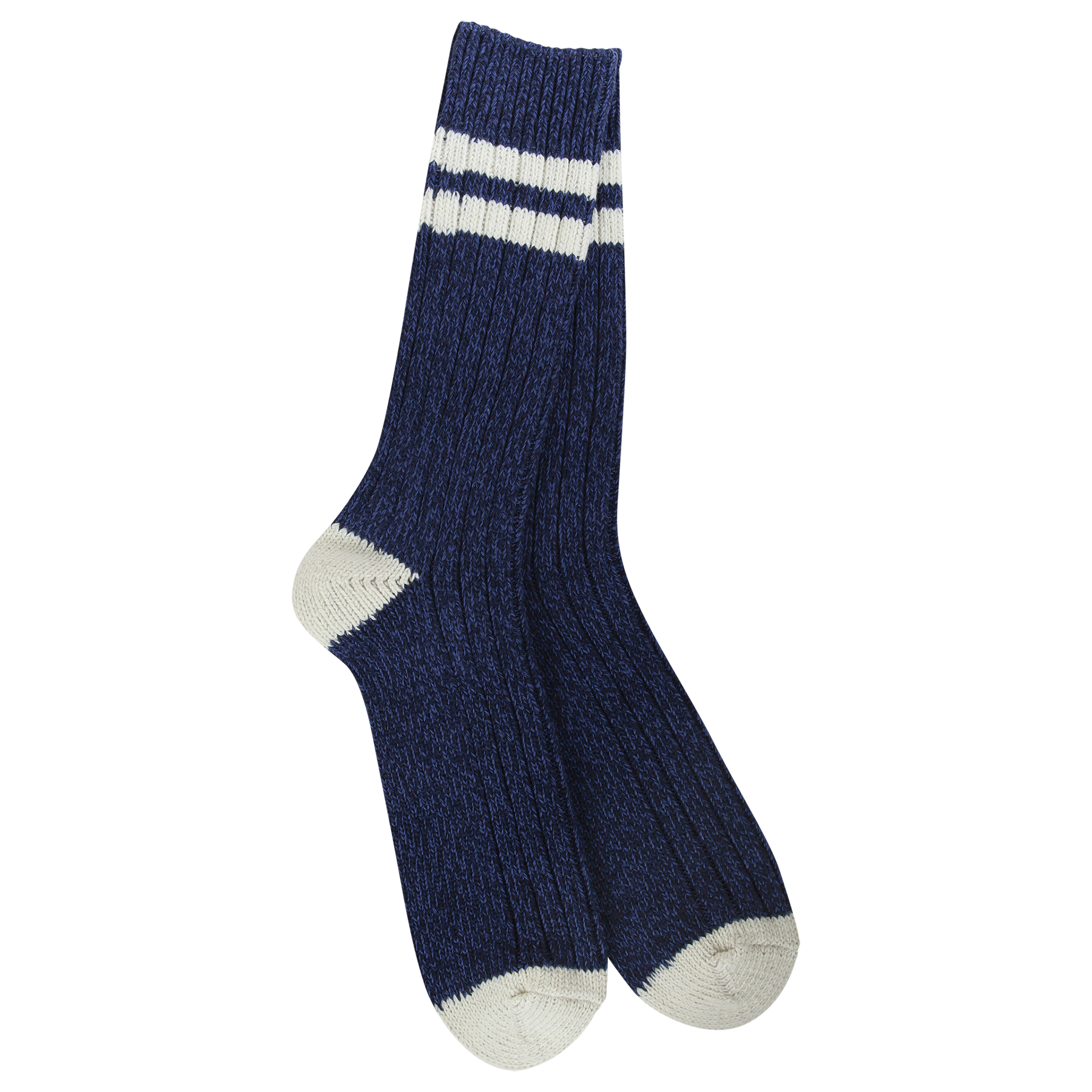 Pair of blue socks with white stripes, toe, and heel