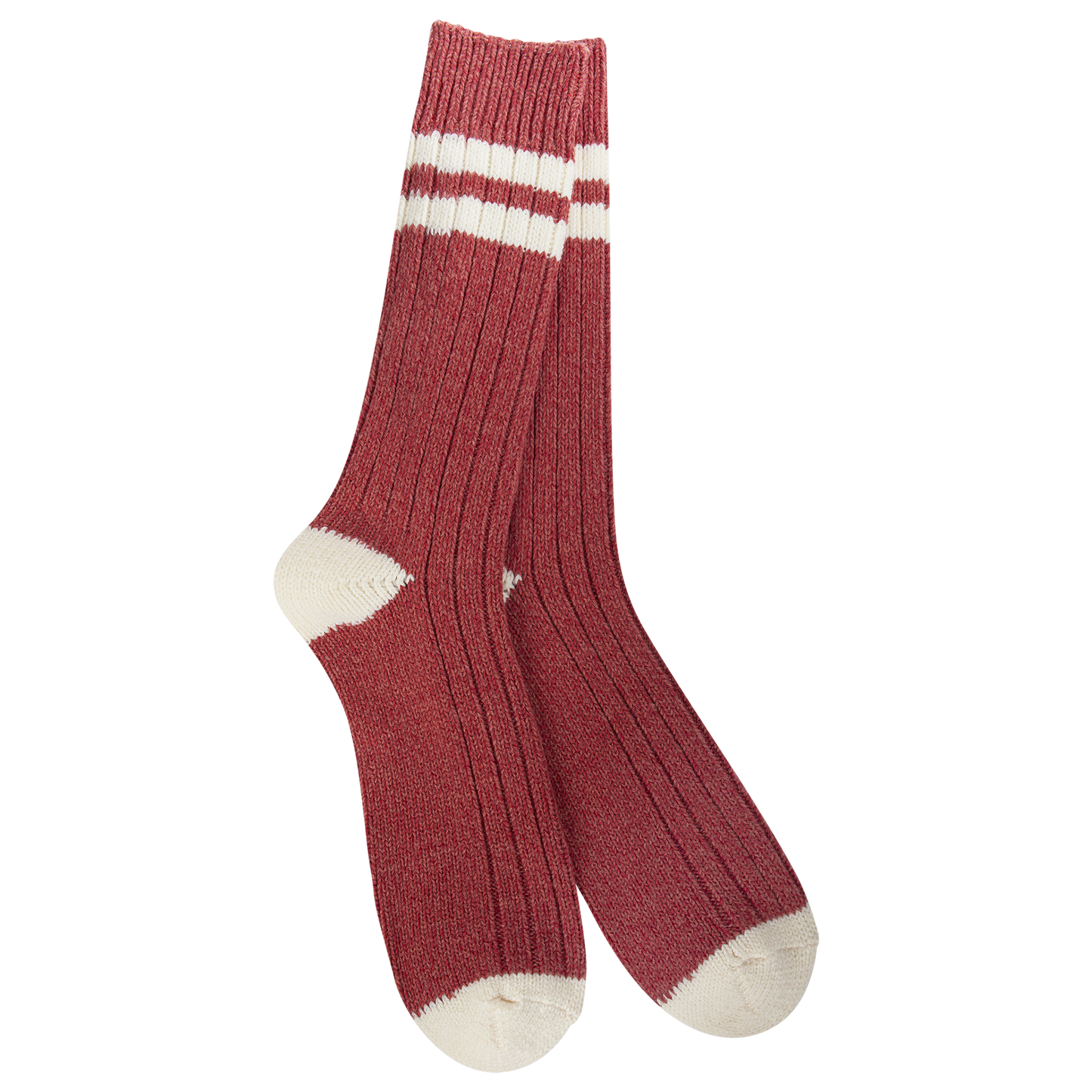 pair of red socks with white stripes, toes, and heels