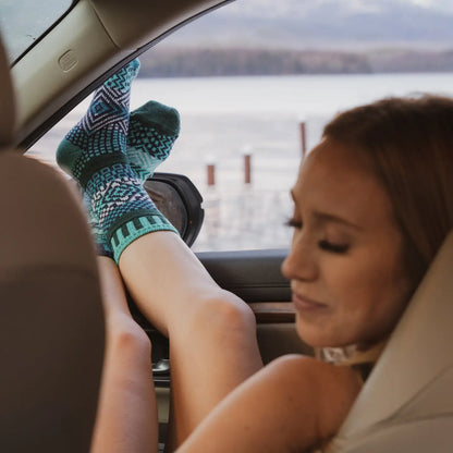 person in a car Evergreen Crew Socks with their feet out the window