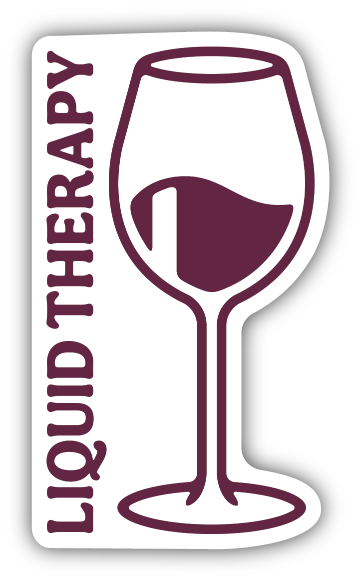 merlot colored wine-filled wine glass with text "liquid therapy"