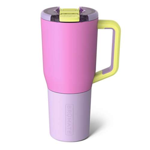 cababna muv tumbler with lavender base, pink body, and yellow handle.