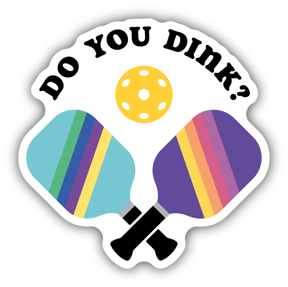 two different multicolored pickleball rackets that are crossed with a yellow pickleball in between them. text above images says "do you dink?"
