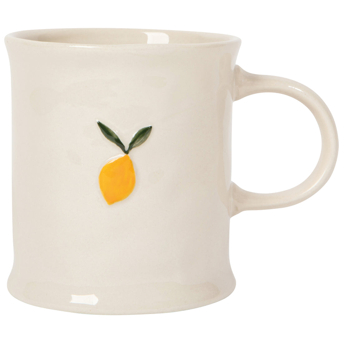 white mug with an embossed yellow lemon on it