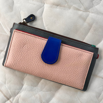 rectanglar kimber teal wallet with pink pocket and blue tab closure.