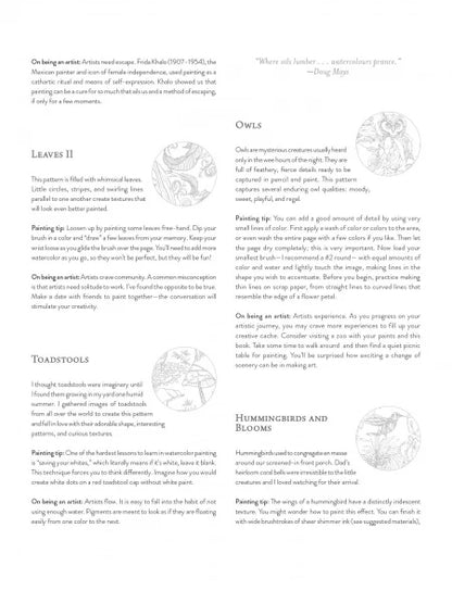 A printed page with two columns of black text on a white background, featuring headings such as 'On being an artist,' 'Leaves II,' 'Owls,' and 'Toadtools,' plus a small owl illustration. 