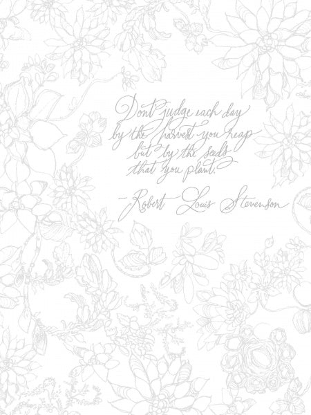 A print featuring a delicate light gray floral line-art pattern around the edges and a central quote in gray script: 'Don't judge each day by the harvest you reap, but by the seeds that you plant' attributed to Robert Louis Stevenson.