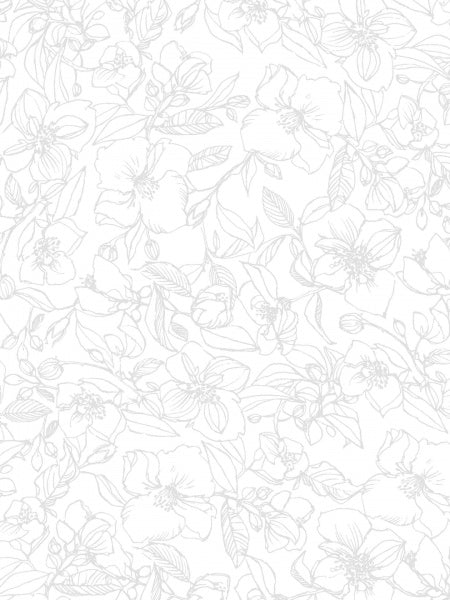 A seamless floral line art pattern featuring delicate light gray outlines of hibiscus flowers and leaves on a solid white background.