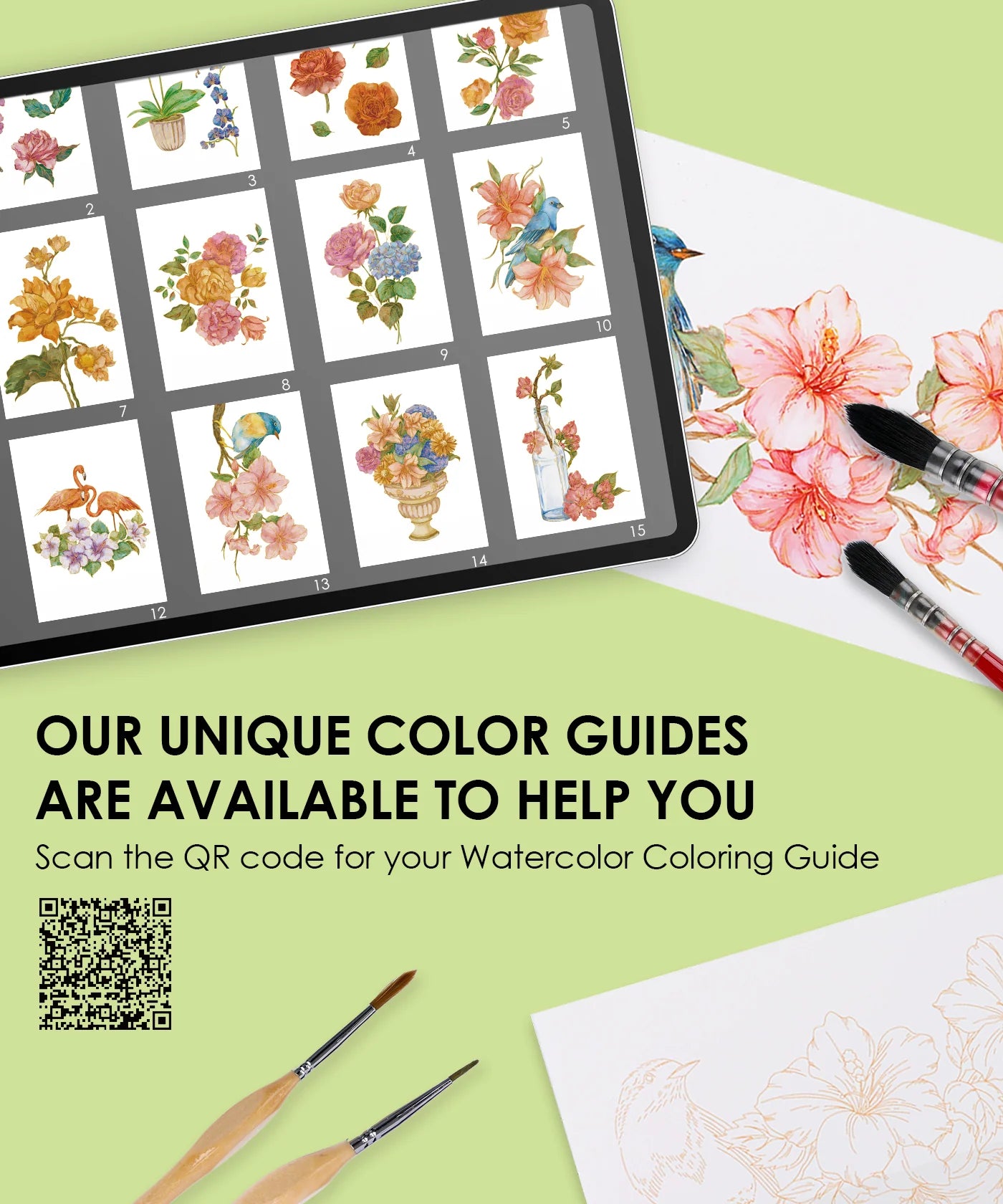 Color guide with watercolor designs on a tablet and paper, with brushes and text inviting to scan QR code for a coloring guide.