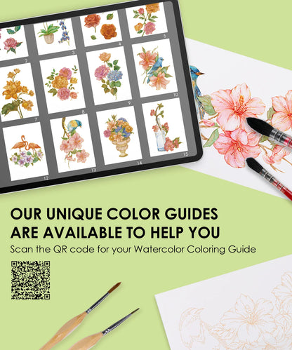 Color guide with watercolor designs on a tablet and paper, with brushes and text inviting to scan QR code for a coloring guide.