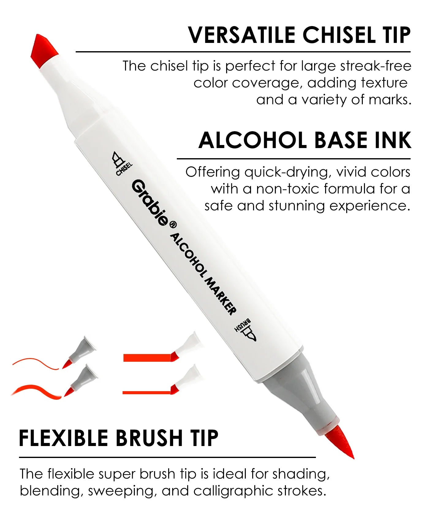 Alcohol marker with chisel and brush tips and descriptive text on a white background
