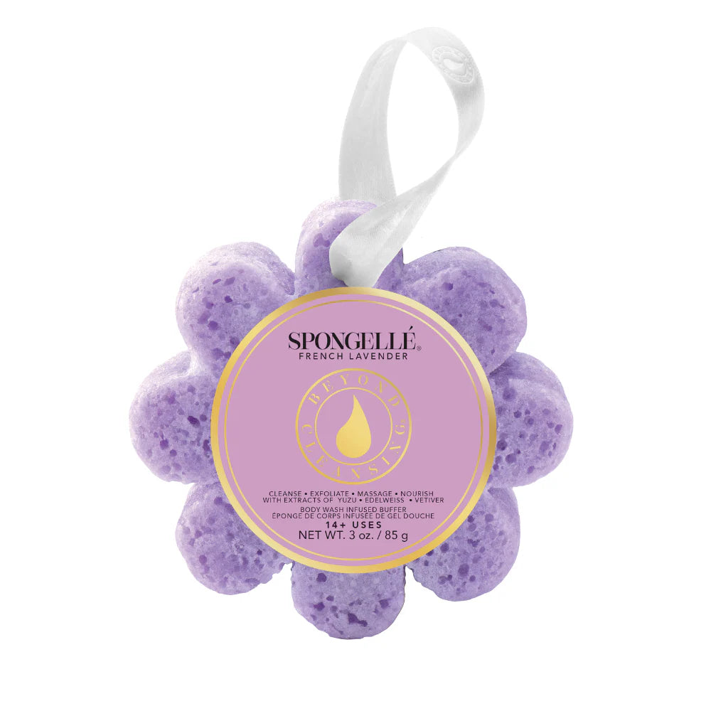 Purple Spongellé bath sponge with a white handle on a white background