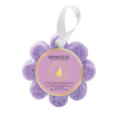 Purple Spongellé bath sponge with a white handle on a white background