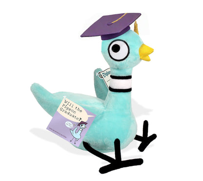 Front angle view of The Pigeon Graduation Soft Plush Toy on a white background showing tag
