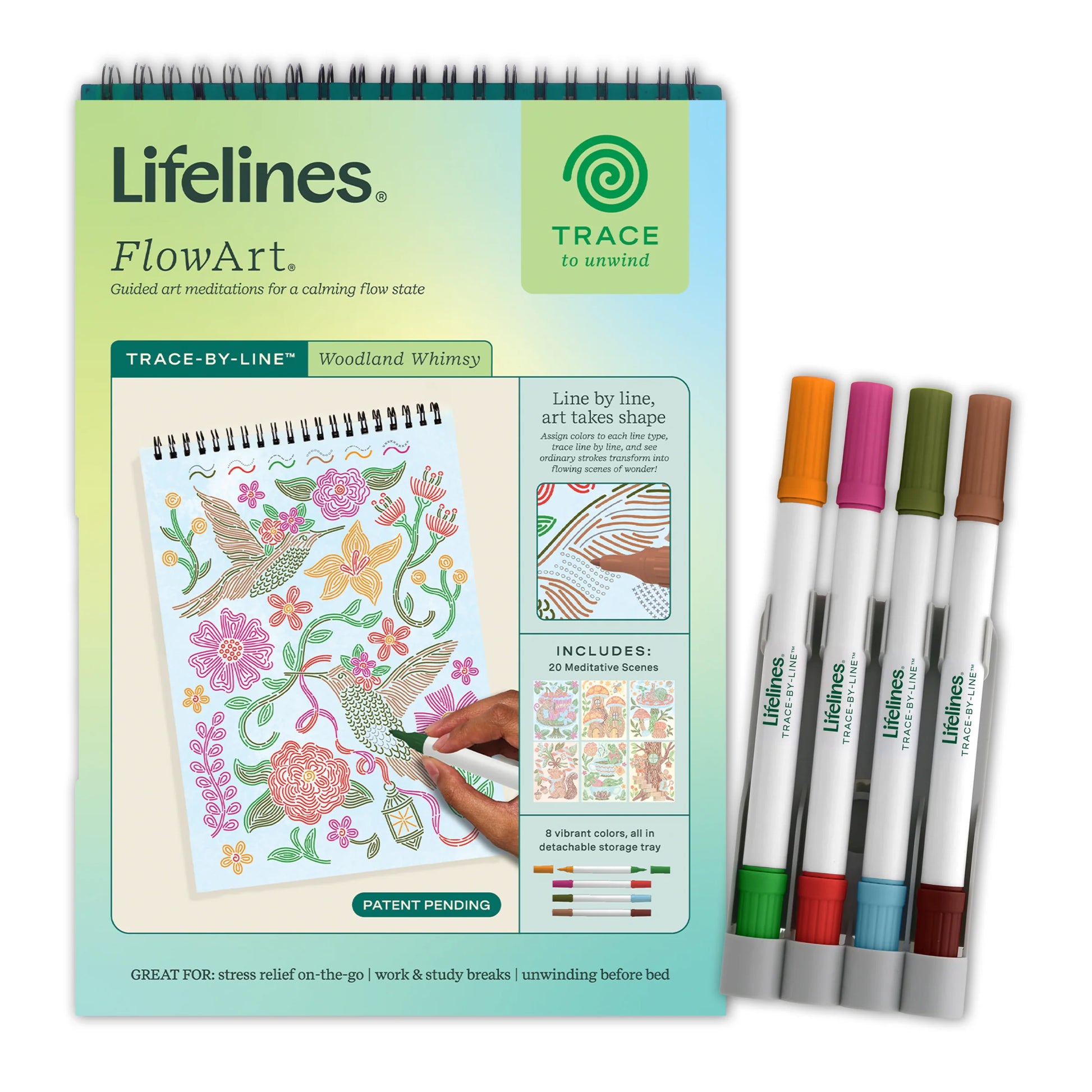 Lifelines FlowArt draw by line kit with coloring book and markers on a white background