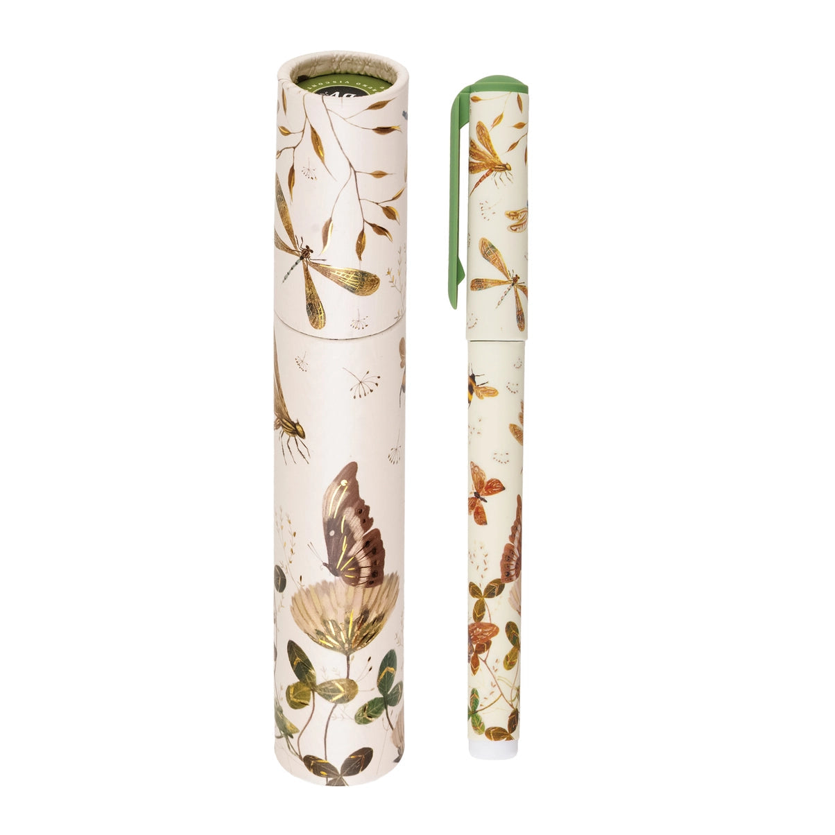  pen and matching cylindrical case, both decorated with a vintage-style botanical and insect pattern on a warm cream background. 