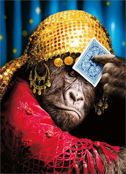 front of card is a gorilla dressed up as a fortune teller and holding a playing card to its head