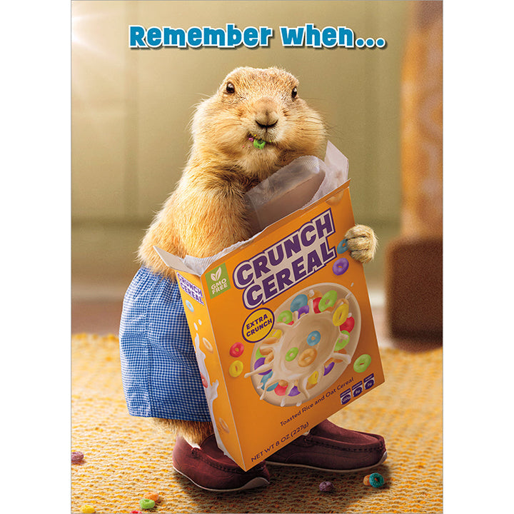 front of card is a ground hog wearing boxers and slippers with his hand in a cereal box