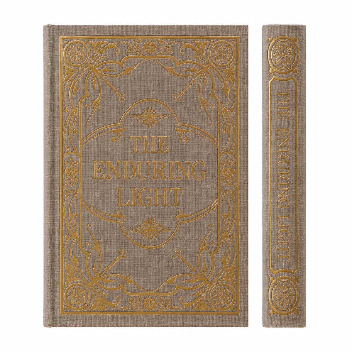 A hardcover book box titled 'The Enduring Light' shown from the front and spine. The cover is a textured taupe-brown fabric with ornate gold foil detailing and lettering.