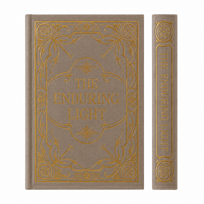 A hardcover book box titled 'The Enduring Light' shown from the front and spine. The cover is a textured taupe-brown fabric with ornate gold foil detailing and lettering.