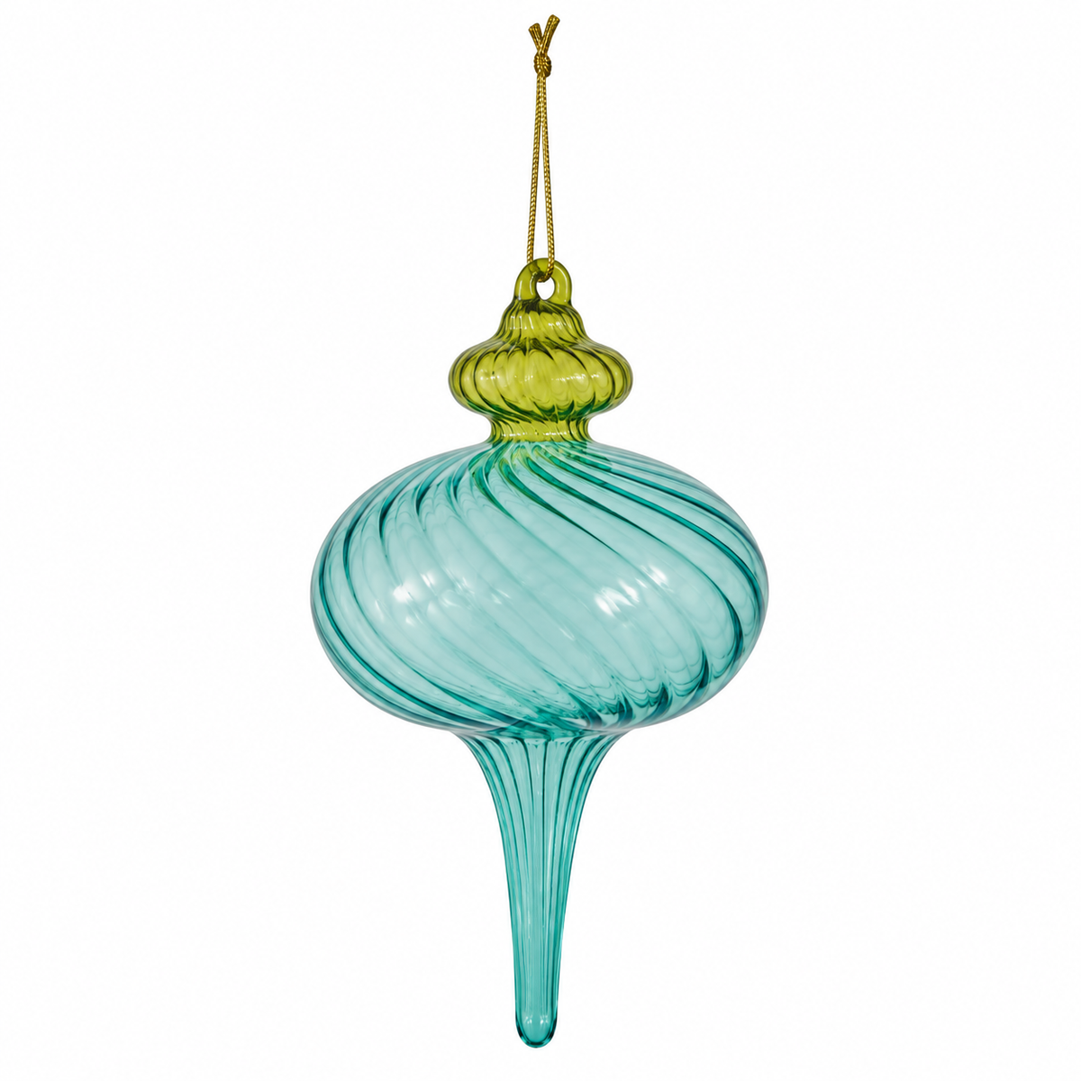 An blue and green glass finial ornament with a ribbed bulbous body, a narrow stem, and a hanging loop at the top, shown against a plain white background.
