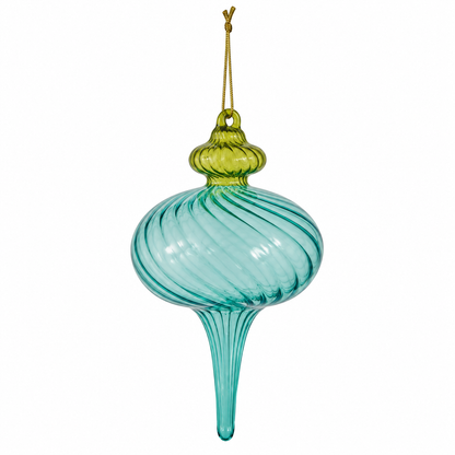 An blue and green glass finial ornament with a ribbed bulbous body, a narrow stem, and a hanging loop at the top, shown against a plain white background.
