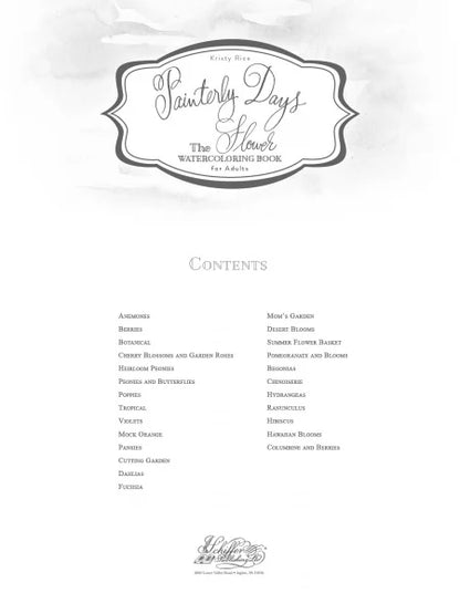 Contents page of a watercolor book with a decorative border and list of topics.