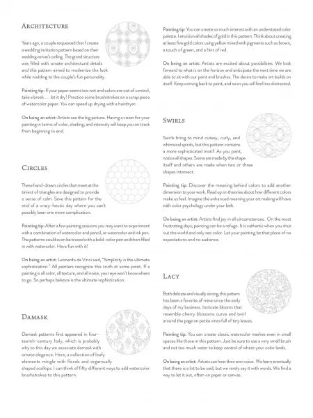 text sections titled Architecture, Circles, Damask, and Lacy, plus small circular diagrams, photographed against a white background.