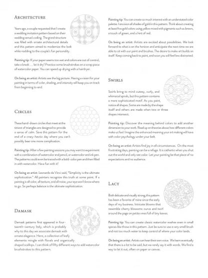 text sections titled Architecture, Circles, Damask, and Lacy, plus small circular diagrams, photographed against a white background.