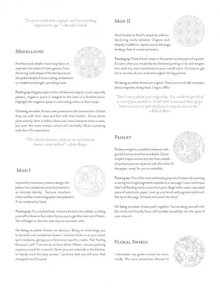 A printed page with illustrated and text panels about watercolor painting styles and techniques, including headings such as Medallions, Pasley, and Floral Swirls, plus decorative line drawings on a white background.