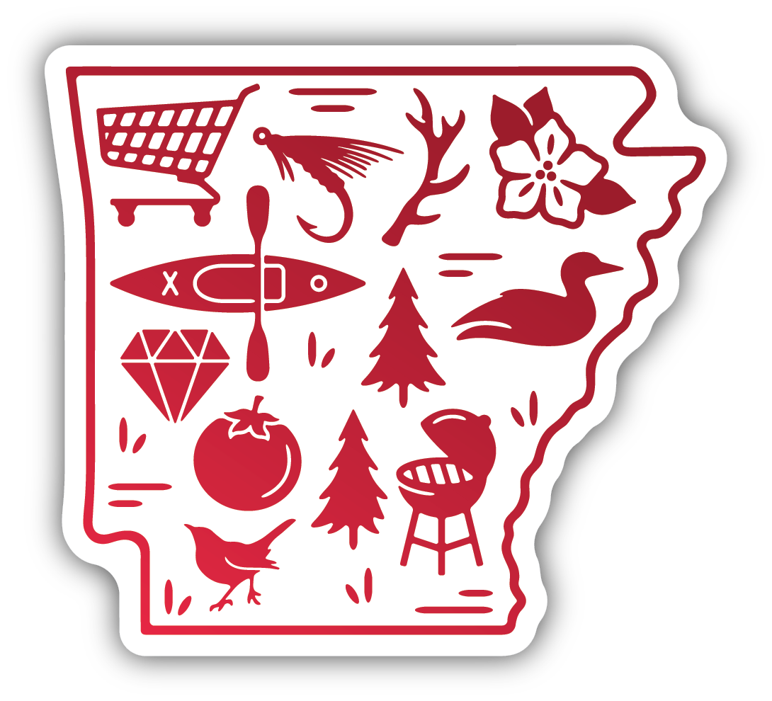 white shape of the state of Arkansas with images of a red shopping cart, fishing hook, deer antler, flower, kayak, tree, duck, diamond, tomato, grill, and bird