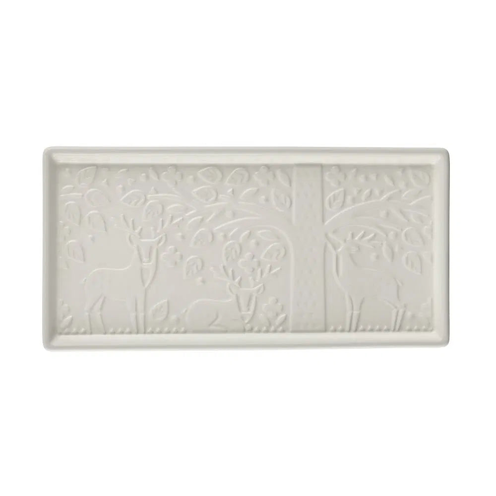 ceramic tray embossed with deer in the forest scene.