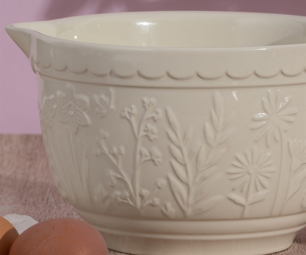 close-up of In the Meadow Cream Floral Batter Bowl showing floral design.