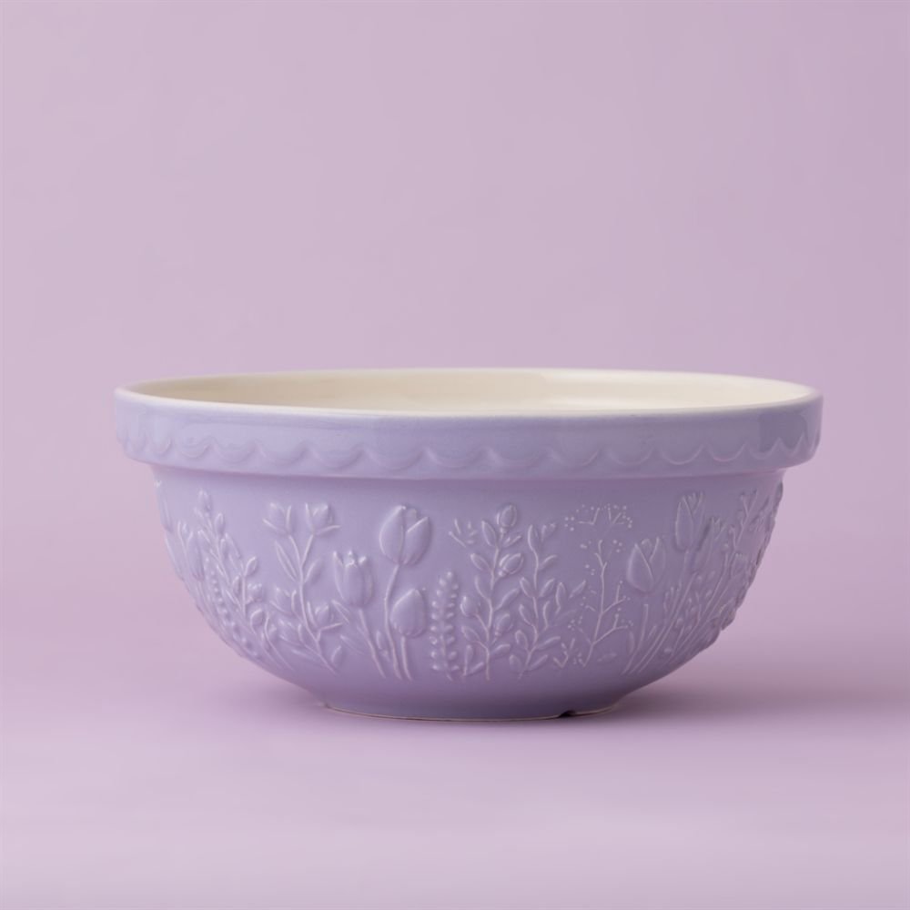 In the Meadow Lilac Tulip Mixing Bowl on a lavender background.