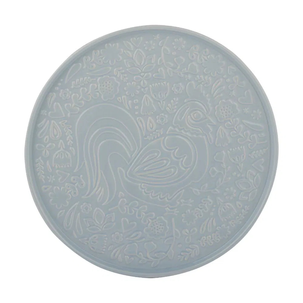 Round blue tray with a chicken design on a white background