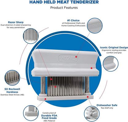 Handheld meat tenderizer with features highlighted on a white background