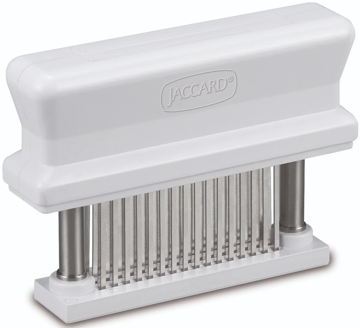 White meat tenderizer with metal blades on a white background