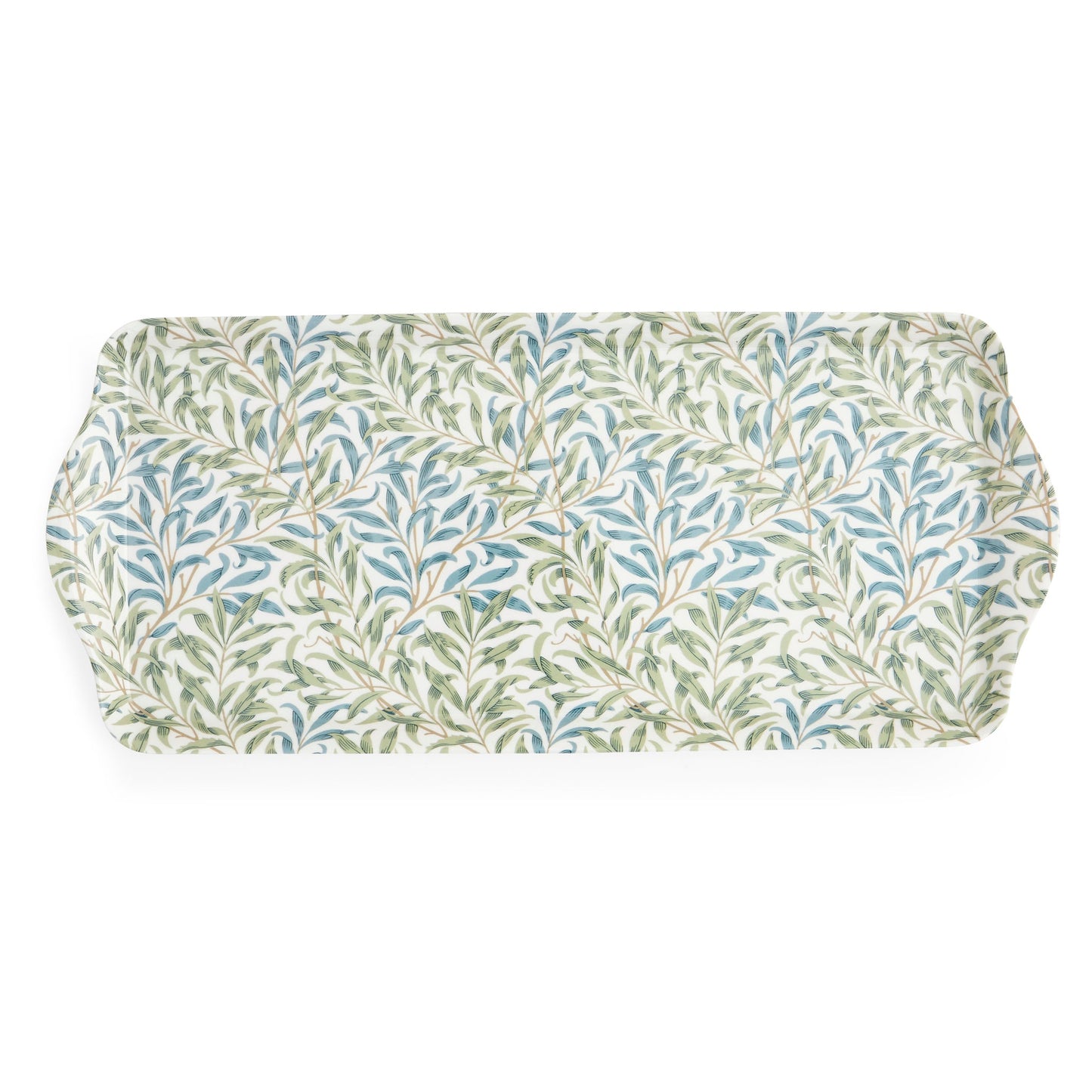 willow bough melamine sandwich tray with a botanical pattern in sage green and soft blue hues on an off-white background