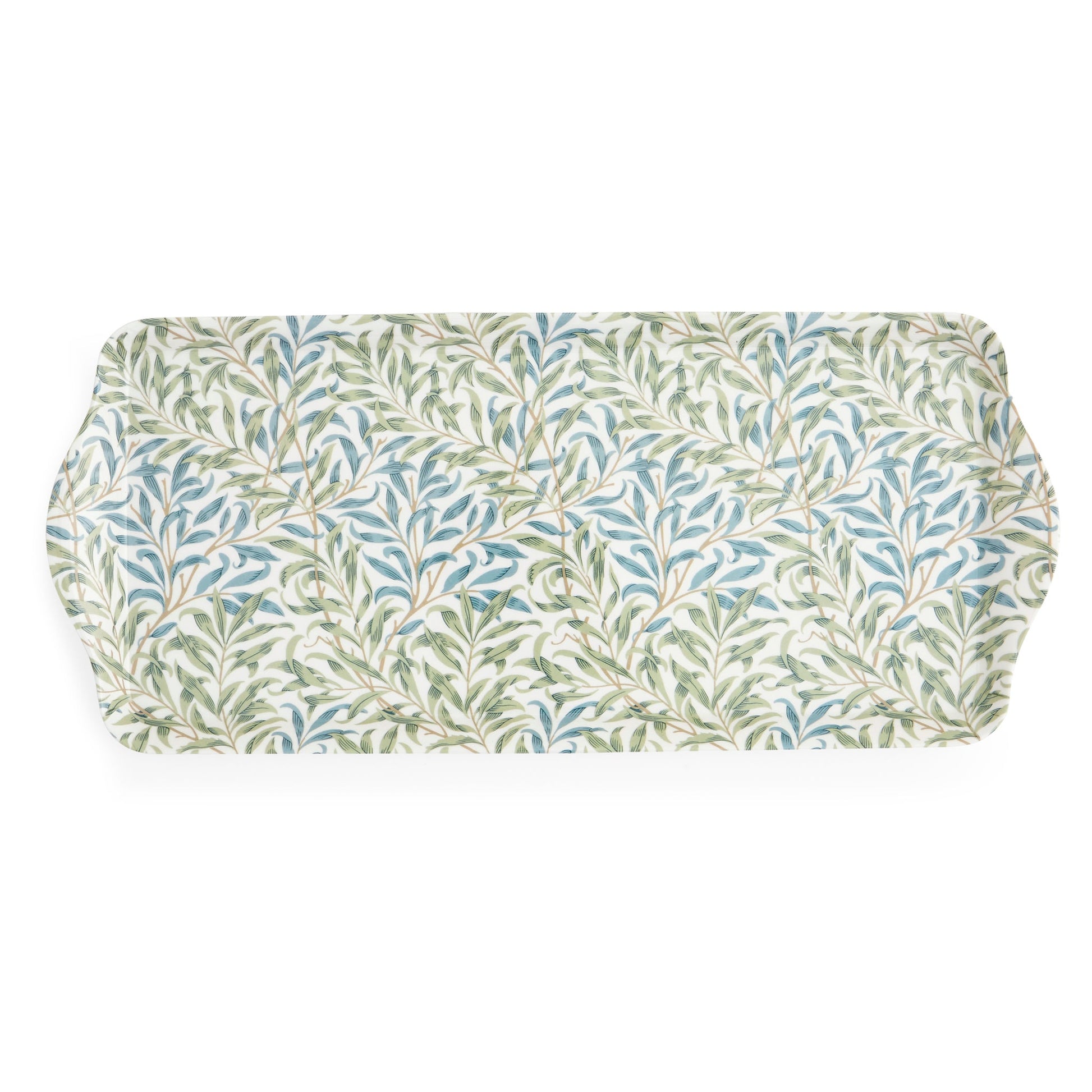 willow bough melamine sandwich tray with a botanical pattern in sage green and soft blue hues on an off-white background
