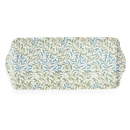 willow bough melamine sandwich tray with a botanical pattern in sage green and soft blue hues on an off-white background