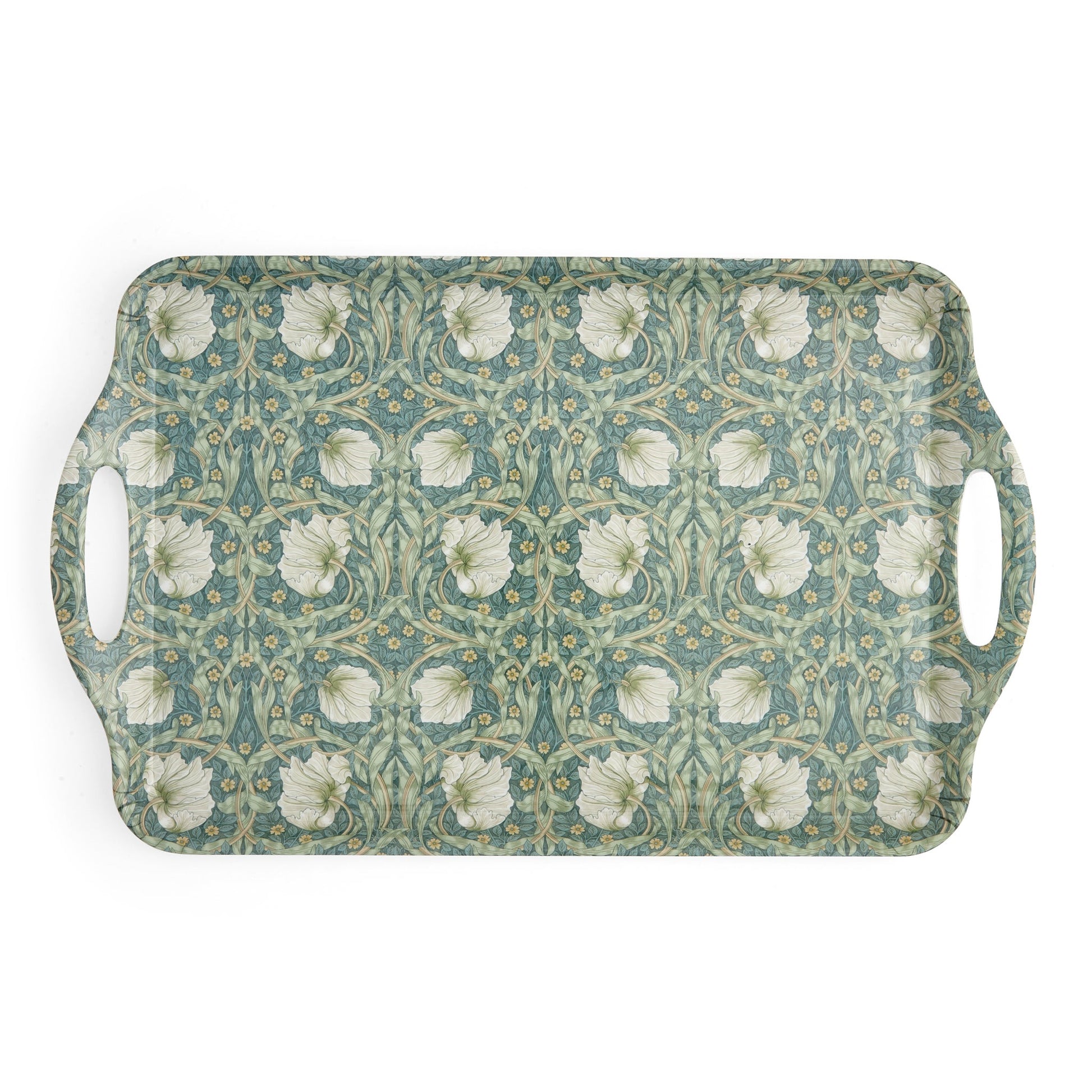 Pimpernel floral melamine tray with white flower pattern on a soft blue background