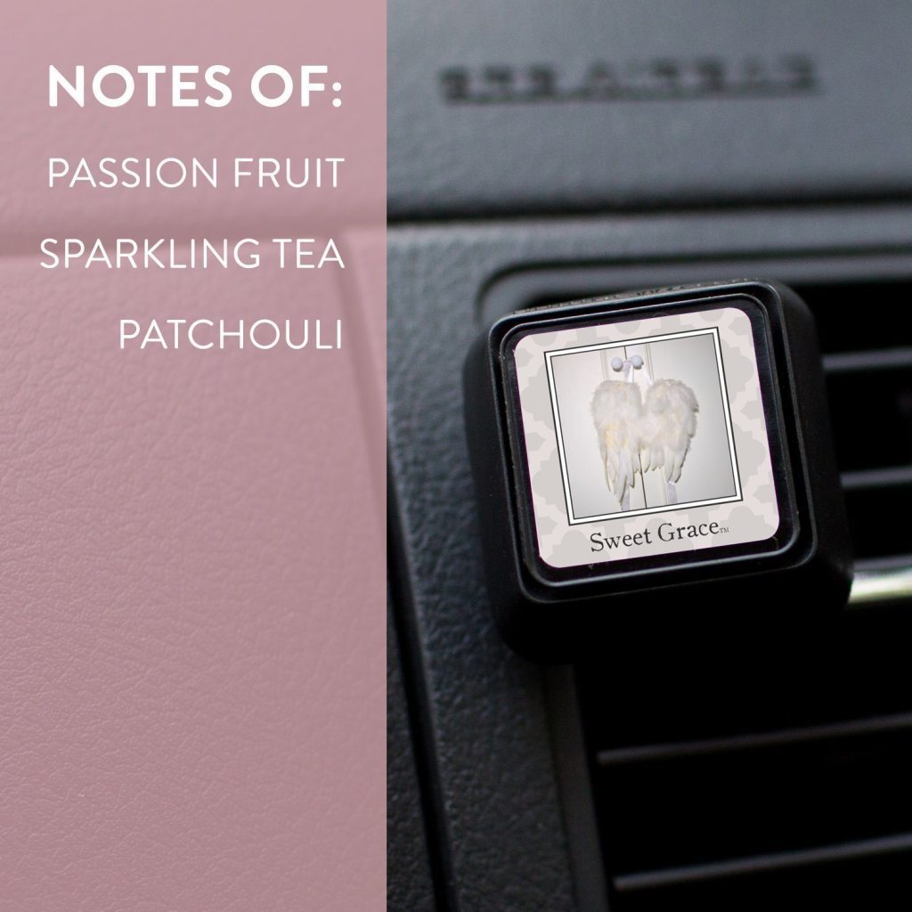 auto vent clip shown on car vent listing notes of passion fruit, sparkling tea, and patchouli