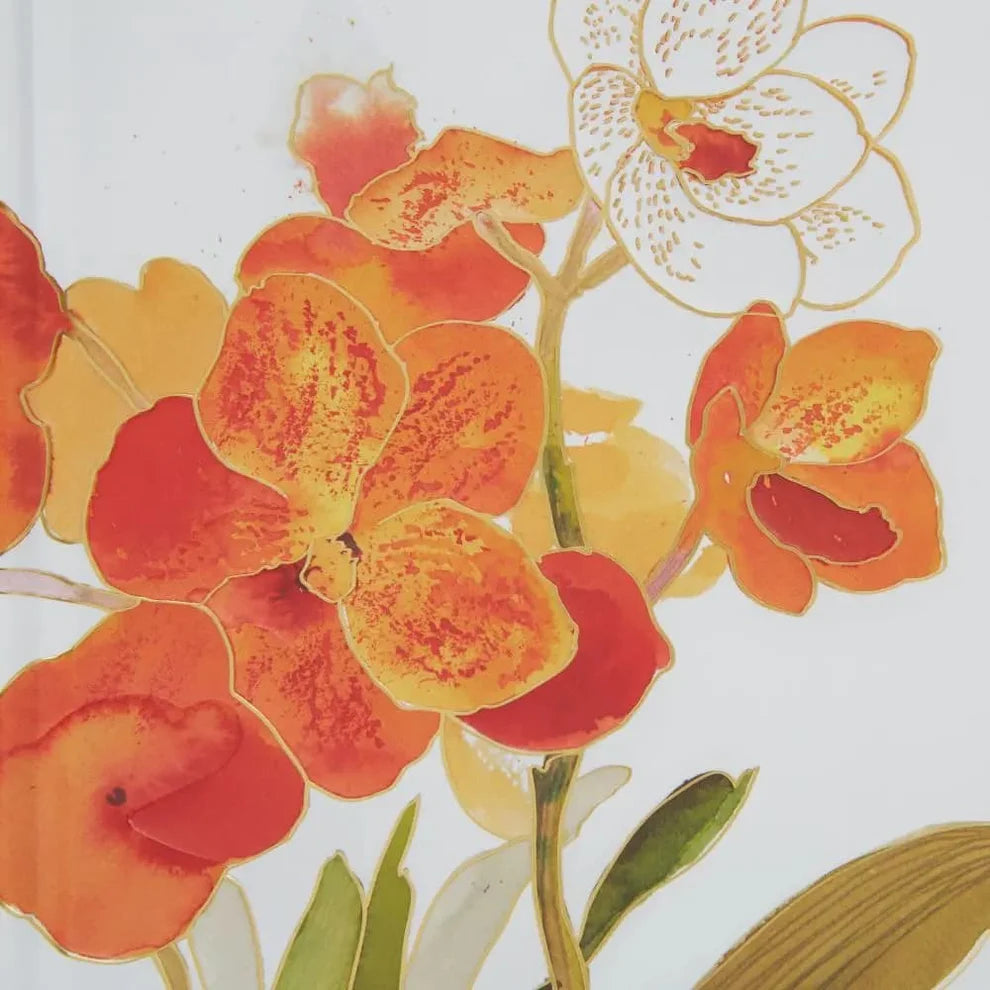 Illustration of orange and red flowers with green leaves on a white background